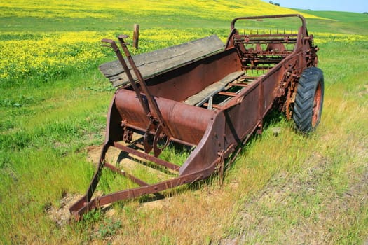 Close up of an old farm harvester.
