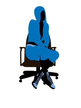Female bicycle rider sitting on a chair silhouette in a blue outfit on a white background
