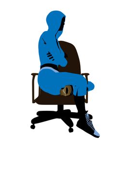 Female bicycle rider sitting on a chair silhouette in a blue outfit on a white background