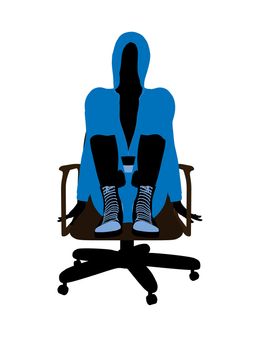 Female bicycle rider sitting on a chair silhouette in a blue outfit on a white background
