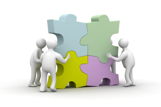 People collect puzzle. 3D image. Isolated illustrations