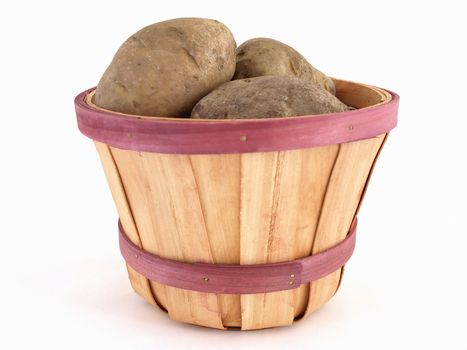 A small basket full of large brown potatoes. Studio isolated on a white background.