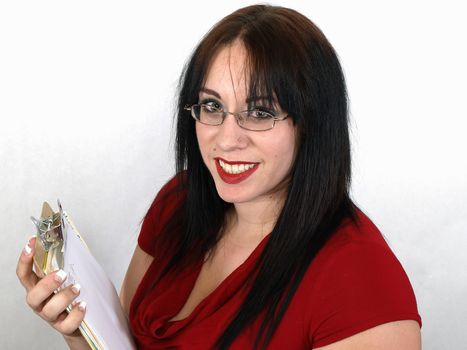 Pretty young pierced adult woman with a clipboard on a white background.