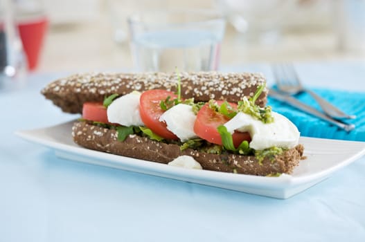 Delicious mozarella tomato sandwich on a small plate