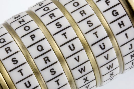 Word truth set as a secret keyword in a combination puzzle box with letter rings known as Cryptex