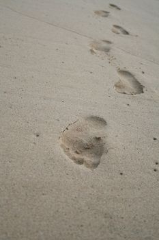 A persons footsteps on the beach, coming towards you, with a selective focus.