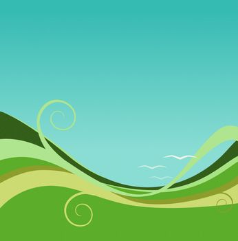 An earth and sky abstract background. Green, blue and with birds! 