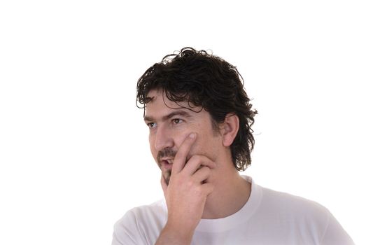 young man thinking in a white background
