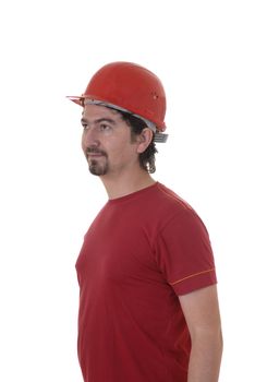 young caucasian man worker with a red hat