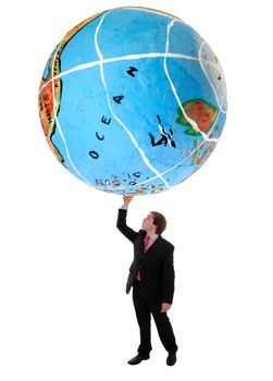 young business man holding a globe with a hand