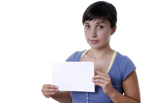 Young girl holding a card, close up