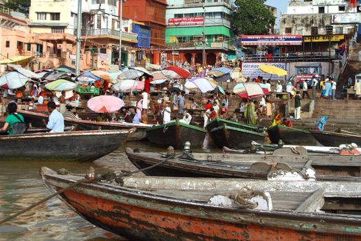 Boats on Ganga River - holy river for Hindu People