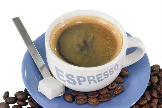 Cup of fresh brewed espresso on light background
