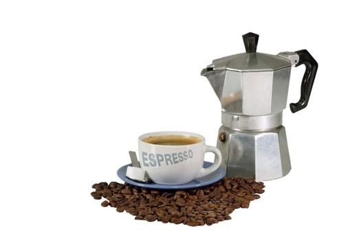 Fresh brewed espresso with can and beans on light background