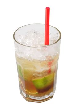 Caipirinha with limes and crushed ice on white background