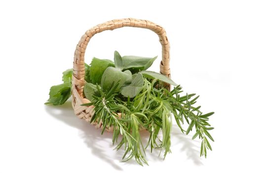 Culinary herbs in a basket on white background