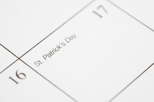 Close up of calendar displaying Saint Patricks Day.