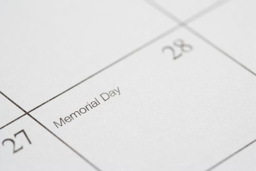 Close up of calendar displaying Memorial Day.