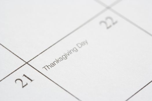 Close up of calendar displaying Thanksgiving Day.