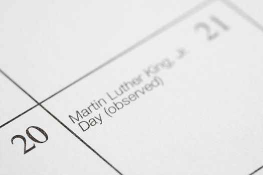 Close up of calendar displaying Martin Luther King Junior Day.