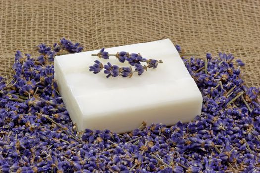 Perfume of lavender and soap on brown Background