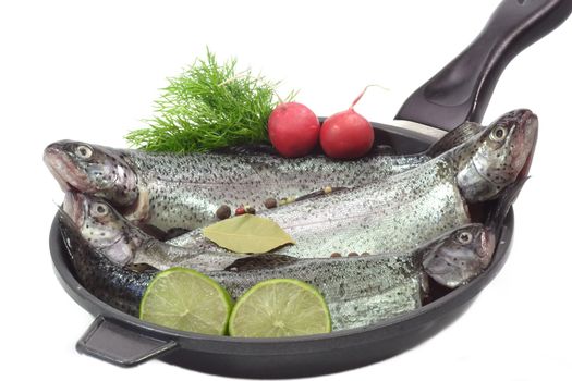 Close-up of raw rainbow trouts in a pan ready to cook