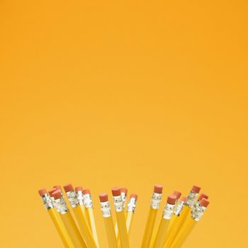 Group of eraser ends of pencils on orange background.