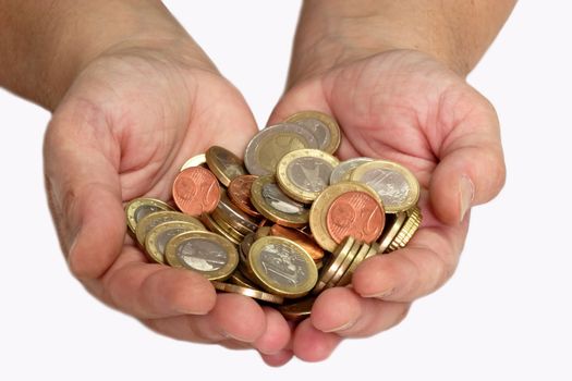 Two hands holding hard cash isolated on white background
