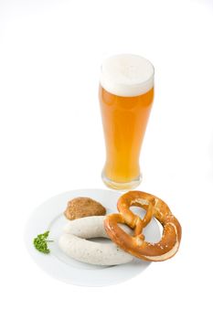 bavarian white sausage, wheat beer and pretzel