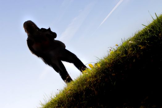 A young female student posing on a grassy hill on the school campus  