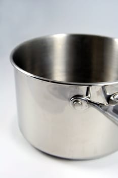 A stainless steelm medium sized pot.