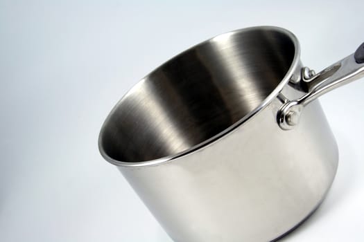 A stainless steelm medium sized pot.
