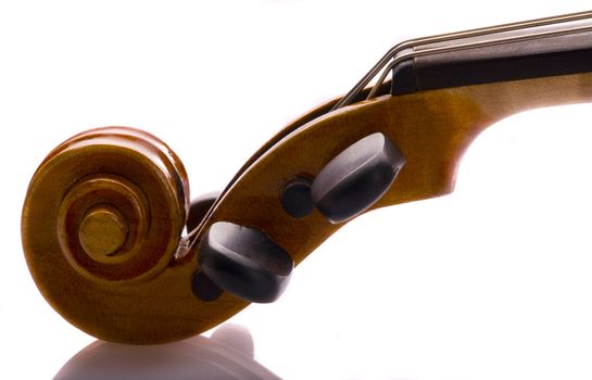 violin scroll, peg box, and tuning pegs in a close up image.