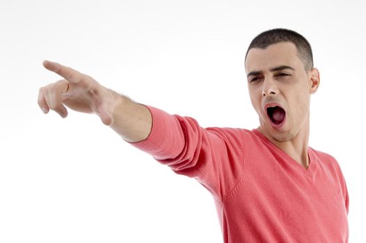 shouting man pointing side on an isolated background