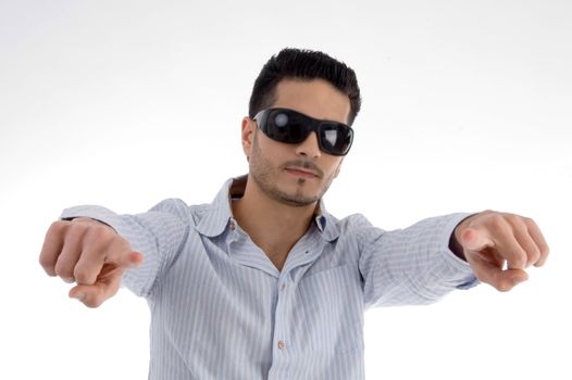 pointing male with sunglasses against white background