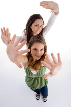 happy female showing their palms with white background