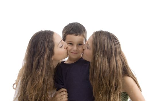 beautiful girl kissing of young little boy with white background