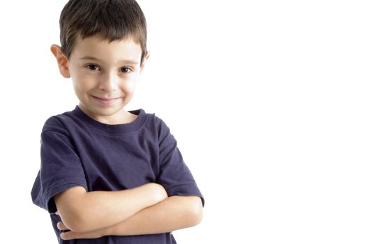 adorable boy with folded hands against white background