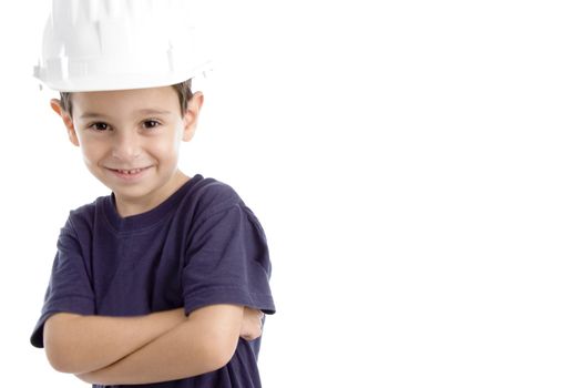 little architect wearing hardhat isolated on white background