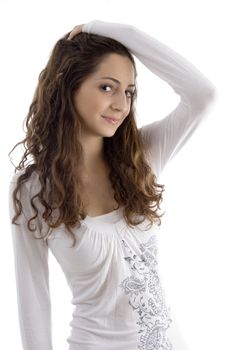 portrait of beautiful young fashionable girl posing with white background