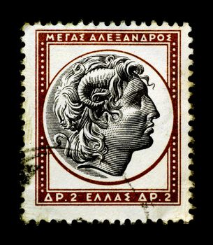 Alexander the Great on Greek stamp isolated in black