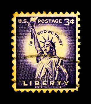 Statue of Liberty on USA stamp isolated in black