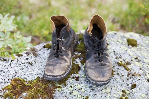 Thrown in wood, the old worn out, brown boots