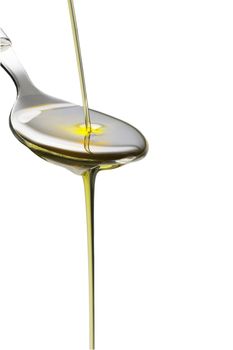 olive oil poured on a spoon over white background