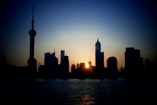 china shanghai pudong skyline at summer sunrise