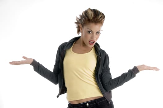 attractive woman with open palms with white background