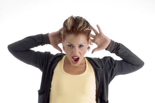 shouting young woman on an isolated background