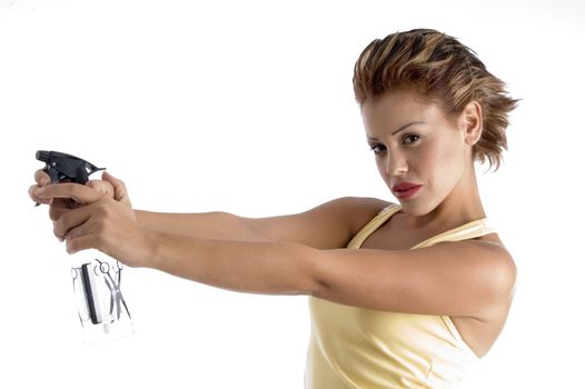 woman with spray bottle with white background