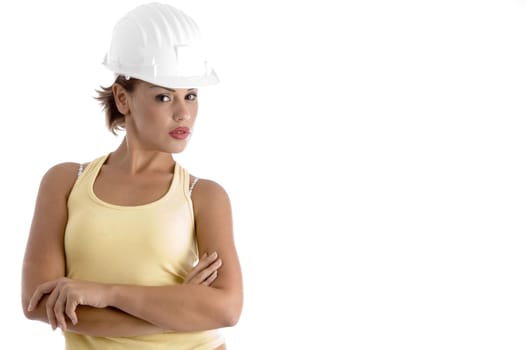 young woman with architect helmet on an isolated background