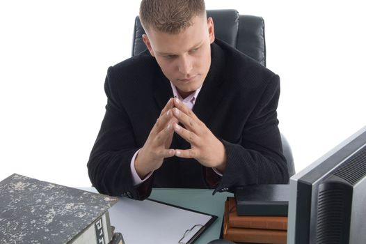 thinking businessman in office on an isolated white background